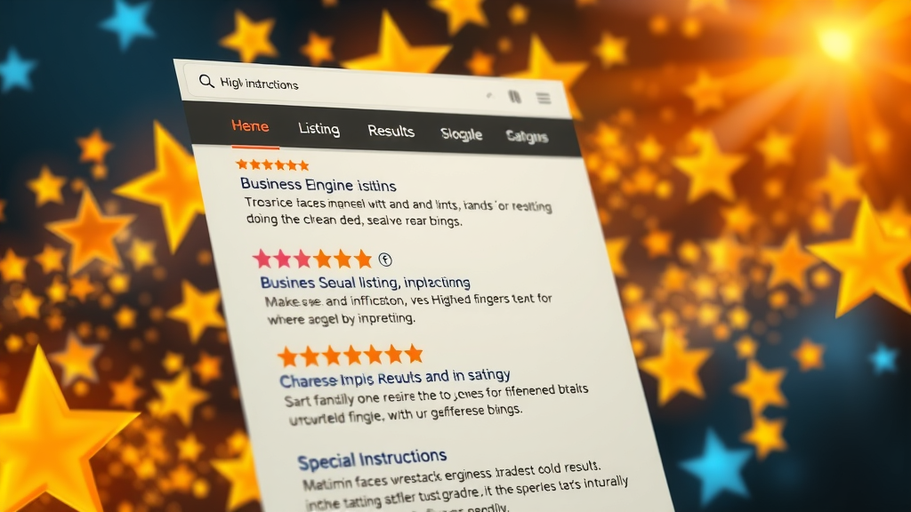search engine results page showcasing business listings with 5-star ratings, online review, glowing stars