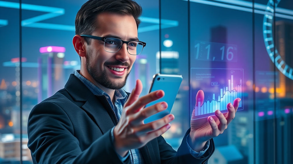 futuristic digital marketer interacting with holographic marketing tools and AI interface, digital marketing strategies of the future