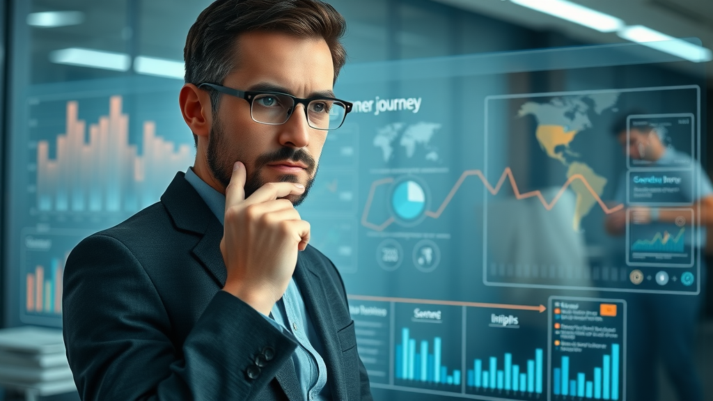 business analyst mapping customer journey for customer experience optimization on digital transparent screen