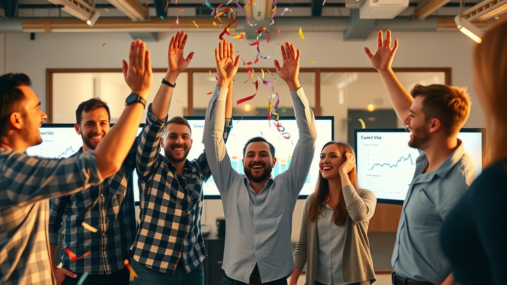 video marketing campaign success, celebrating team with analytics and engagement results