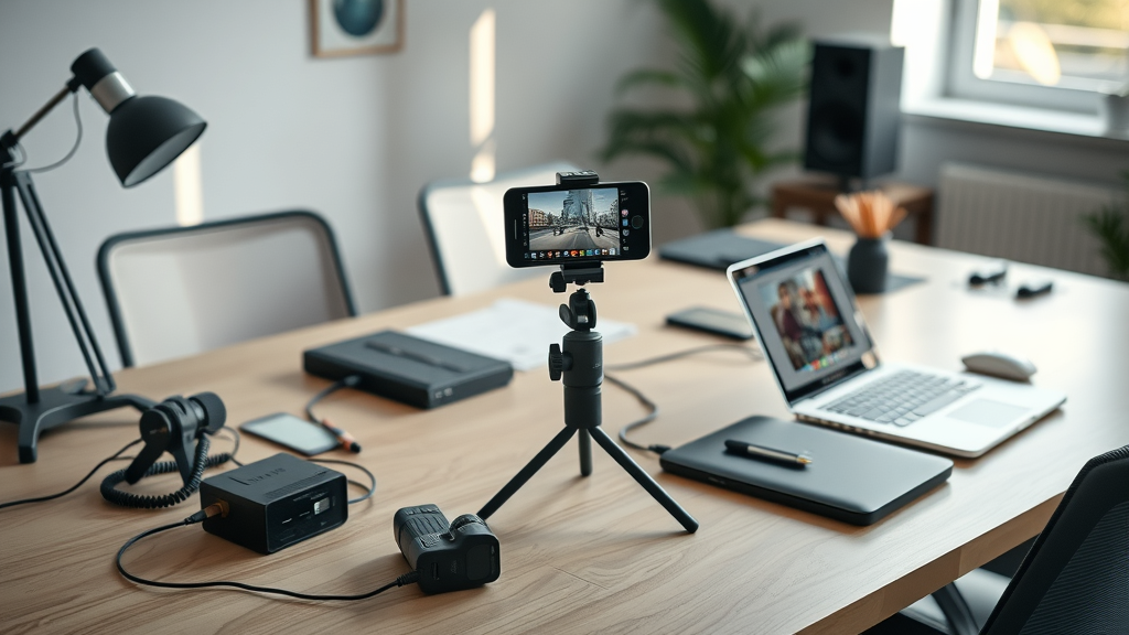 DIY business videos equipment: smartphone on tripod, LED lighting, laptops with video apps