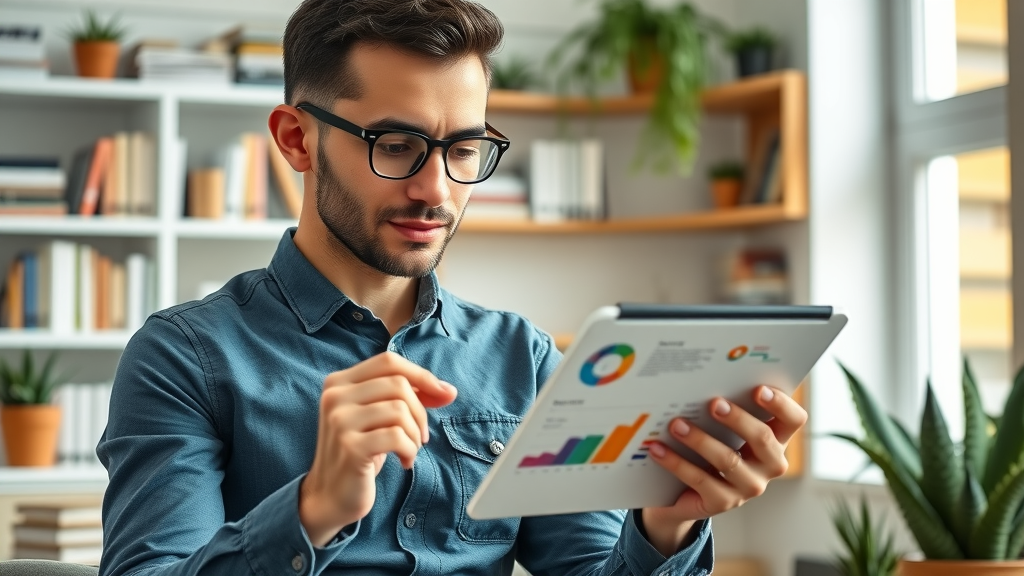 Small business owner reviewing colorful digital marketing infographic in a cozy office | small business marketing