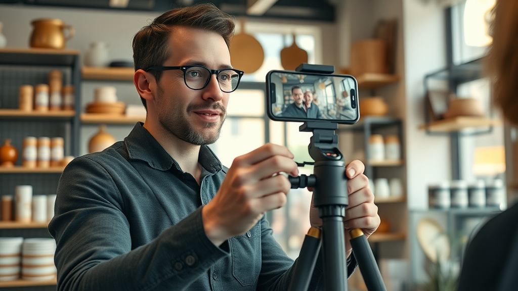 affordable video production small business owner filming a video on smartphone in a cozy urban shop