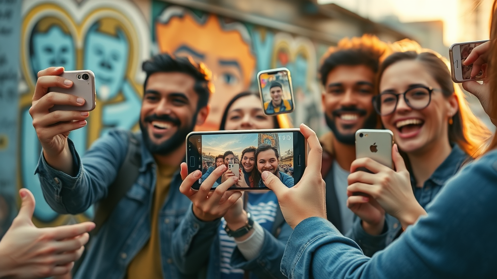 user-generated content with real consumers capturing storytelling videos with smartphones, urban mural background, warm golden hour lighting