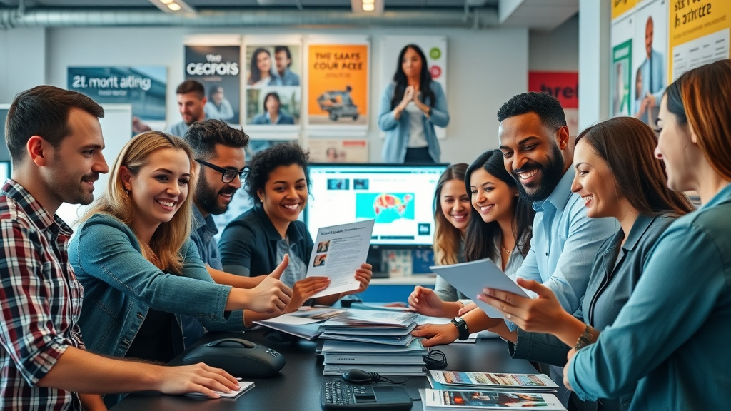 diverse marketing team collaborating on a multi-channel marketing campaign for brand awareness in vibrant agency office