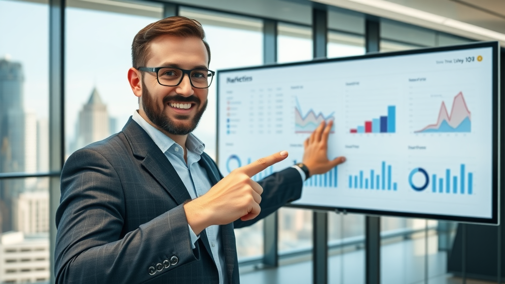 media analytics strategist pointing at digital analytics chart in office with city view