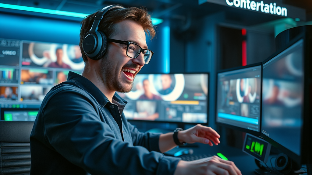 video editor enhancing visuals for engaging video content, editing suite and dynamic overlays
