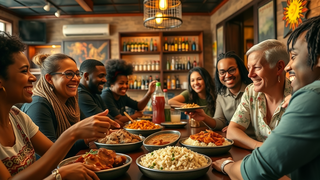 Friends enjoying authentic Jamaican food at a lively Caribbean-style restaurant.