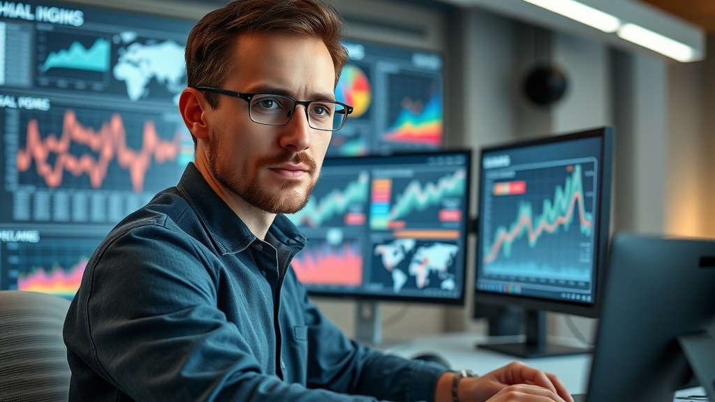 data analyst reviewing social media analytics trends and reports on dual monitors