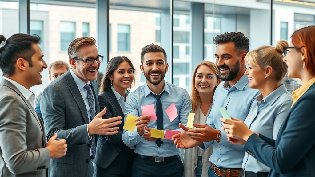 vibrant business team building brand awareness in a modern office, collaborating and brainstorming, glass-walled city view