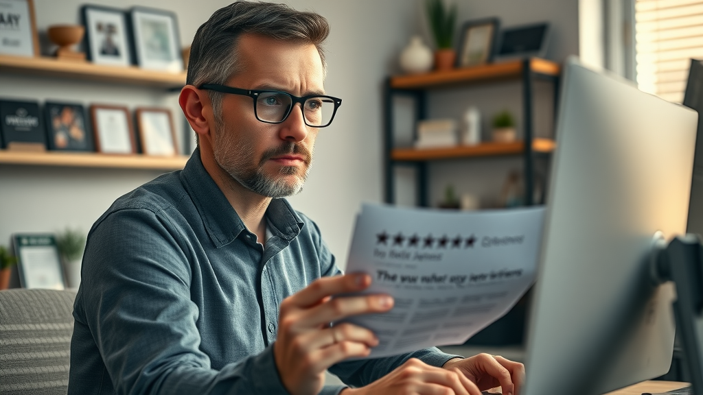 Concerned digital agency manager analyzing digital marketing reviews in a modern office filled with awards and sunlight
