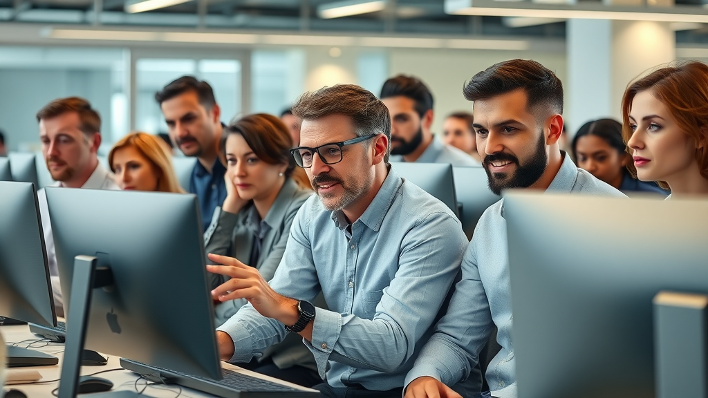 Diverse office workers engaged and distracted by social media on computer screens - productivity in the workplace affected by social media platforms