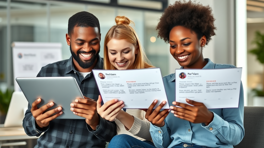 enthusiastic diverse consumers reading online reviews using review solicitation methods in a modern workspace with digital screens