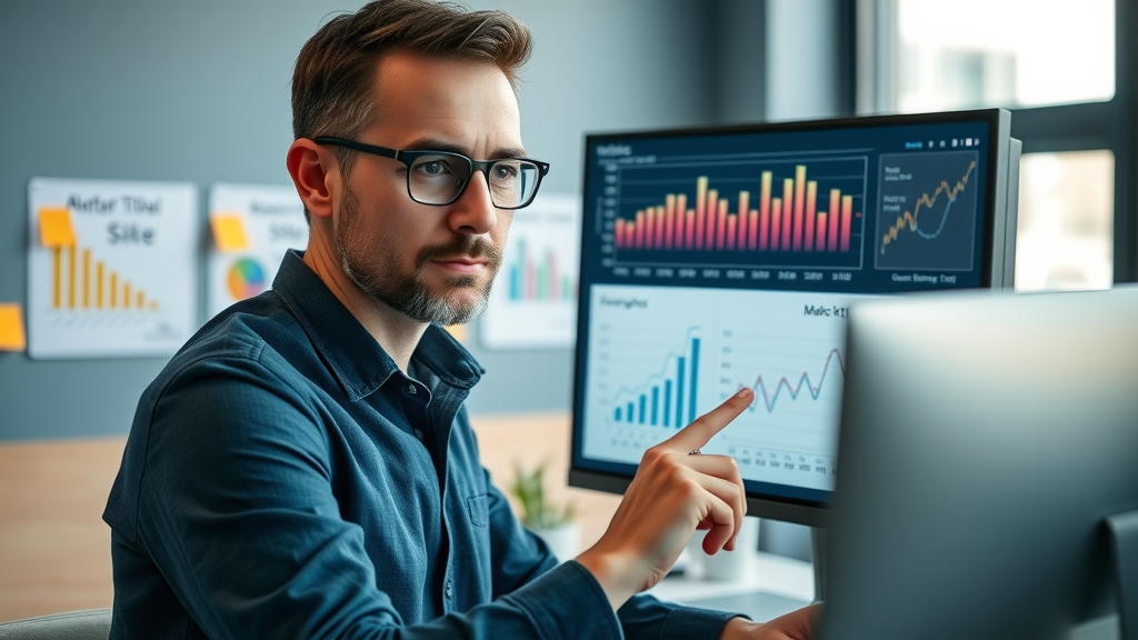 professional marketer reviewing promotional video metrics on dual monitors, metrics dashboard and data charts in modern office