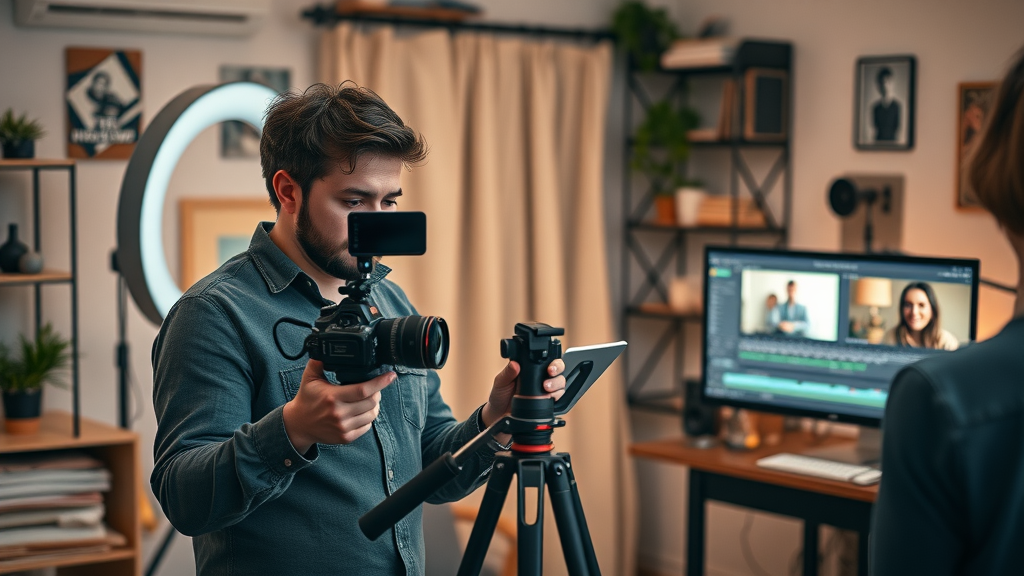Professional content creator storyboarding and filming in a creative studio