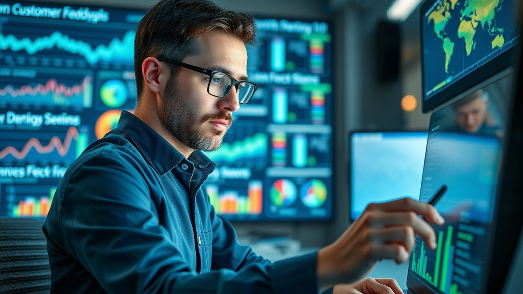 data analyst reviewing customer feedback metrics on advanced analytics software in a modern data lab