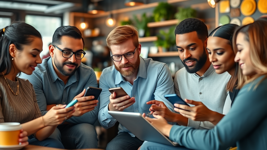 Diverse entrepreneurs discussing digital marketing channels in a trendy coffee shop | digital marketing
