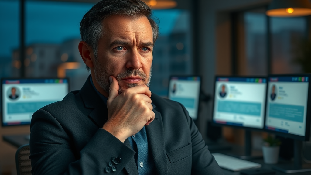 Reflective business owner considering a professional response to bad reviews in a dim office