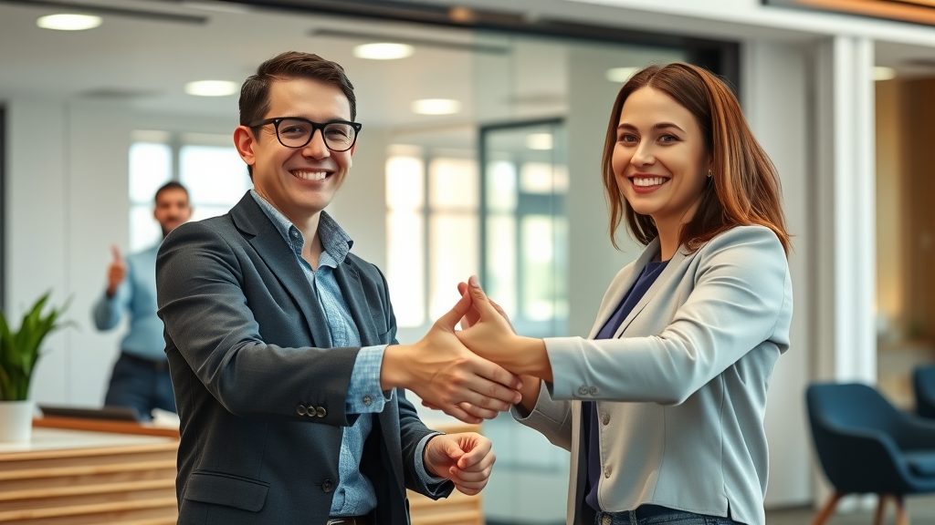 Victorious service agent and smiling customer shaking hands after resolution, teammate gives supportive thumbs-up in background, Photorealistic High Fidelity Lifelike, modern reception area with successful interaction vibe, highly detailed, celebratory mood, rich natural colors, warm afternoon lighting, shot with a 35mm lens.