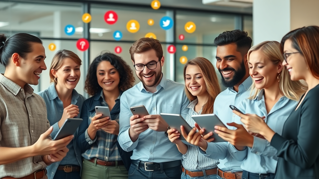 engaging group of diverse professionals discussing social media marketing strategies in a modern office, vibrant network icons floating