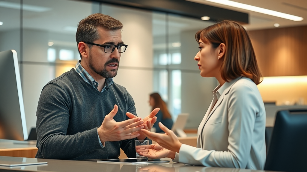Expressive customer-agent interaction, customer appears dissatisfied while agent listens attentively and calmly, resolving a tense situation, Photorealistic High Fidelity Lifelike, modern customer service desk with customer and agent separated by a countertop, highly detailed, emotional expressions of frustration and understanding, natural colors, warm even lighting, shot with an 85mm lens.