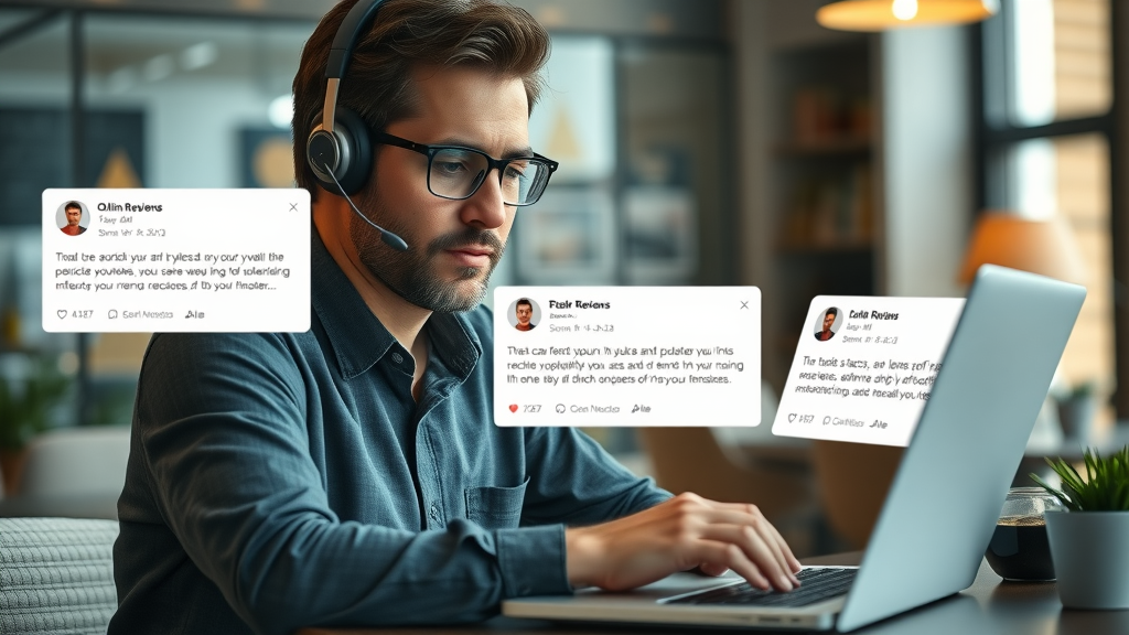 confident customer service manager replying to negative and positive online reviews with review response techniques in a contemporary workspace