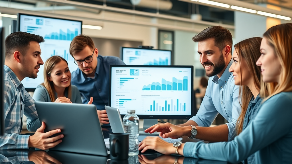 social media analytics team collaborating around digital dashboards in modern office