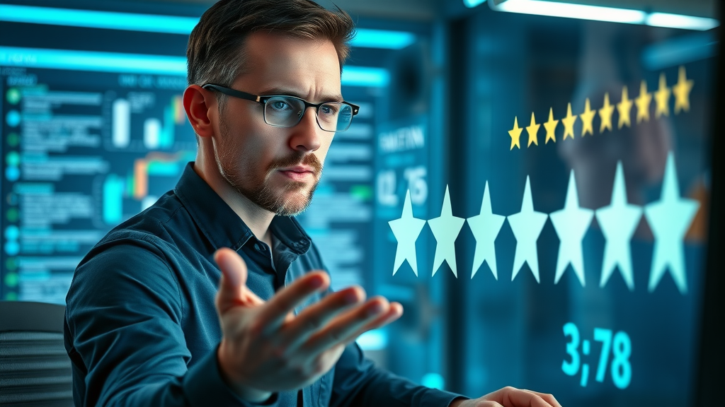 analytical marketing specialist examining a range of online star ratings using review response techniques, digital workspace with review panels