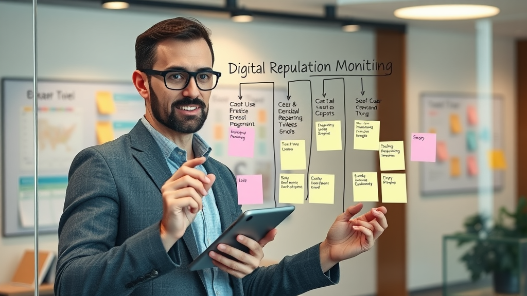 Confident marketing strategist planning online reputation monitoring strategy step-by-step on glass board, online reputation monitoring