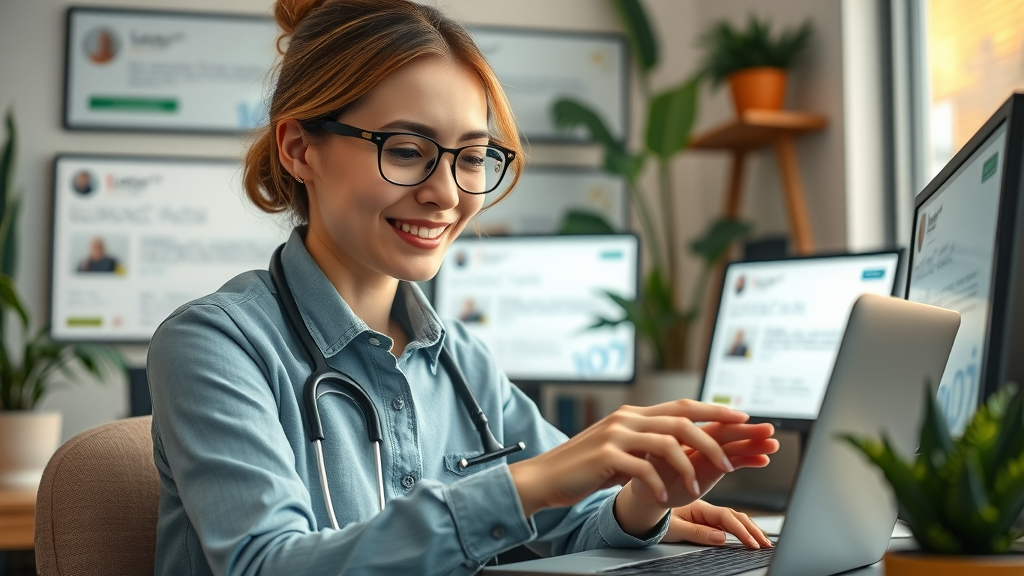 empathetic customer care specialist sincerely responding to an online review with review response techniques in a cozy office