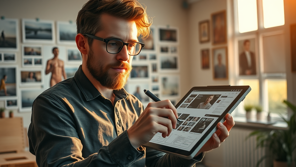 artistic video creator designing storyboard frames for compelling promotional video narrative, creative studio with mood boards and flowing sunlight