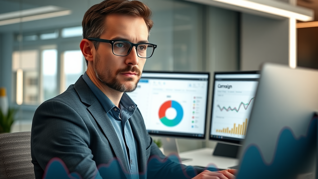 modern marketing manager analyzing campaign data charts in sleek office