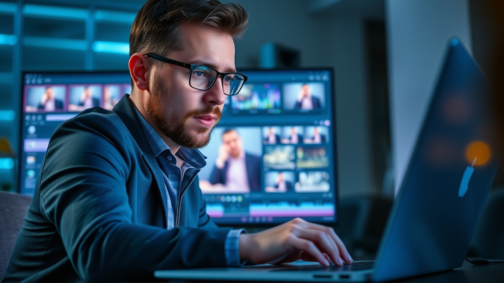 business owner editing DIY business video with video maker tools and digital timeline