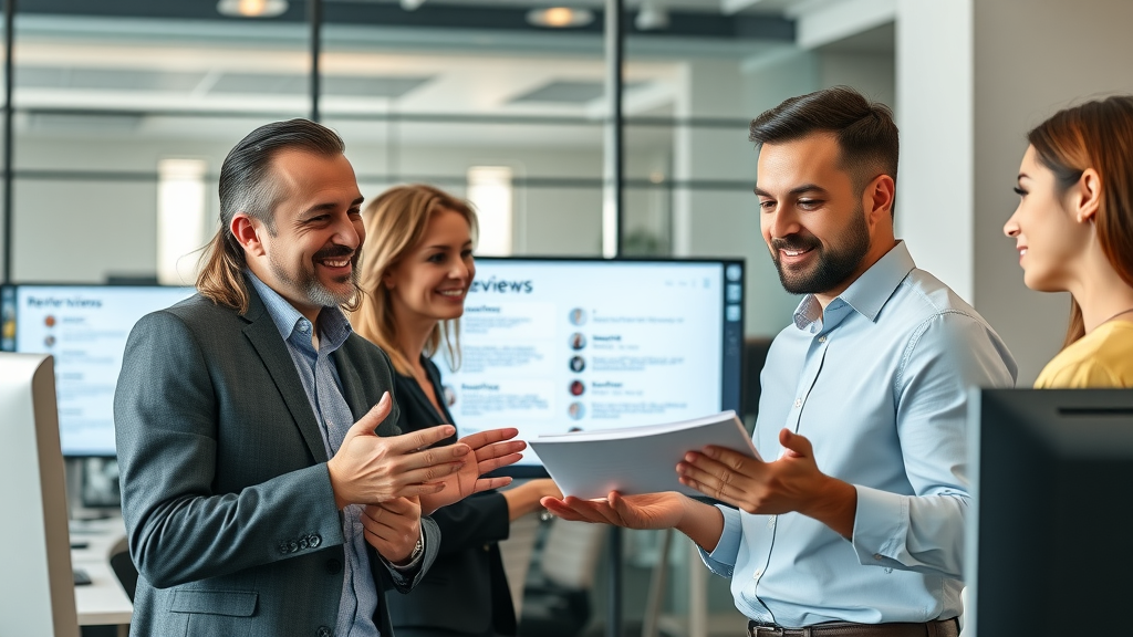 business review response tips professional business team confident approachable online reviews modern office digital screens