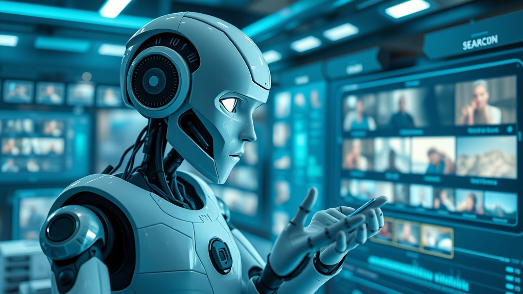 Futuristic AI robot interacting with a virtual social media video editing interface