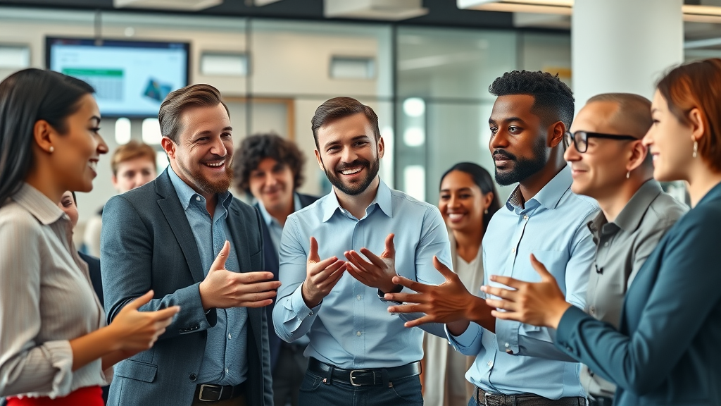 customer engagement - professional office team engaged in discussion, modern workplace with branding and digital screens, dynamic gestures and eye contact, natural daylight