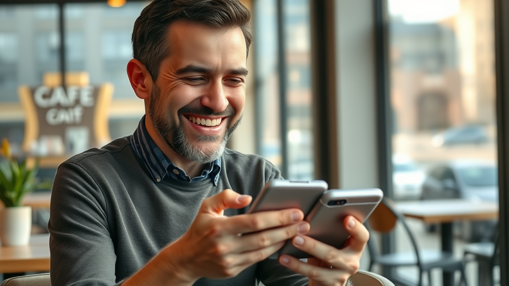 relieved customer smiling after receiving a professional response to a negative online review using review response techniques in a modern café