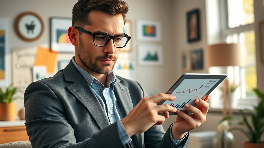 determined business owner analyzing custom digital marketing strategies on a tablet in a cozy home office