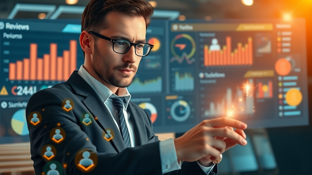 tech-savvy business professional using automated review management software for review response techniques, magical dashboard
