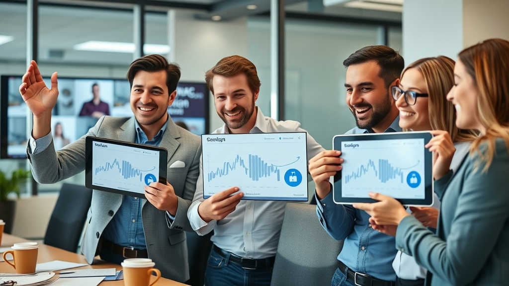 business team celebrating successful video storytelling campaign, reviewing video graph results, modern office