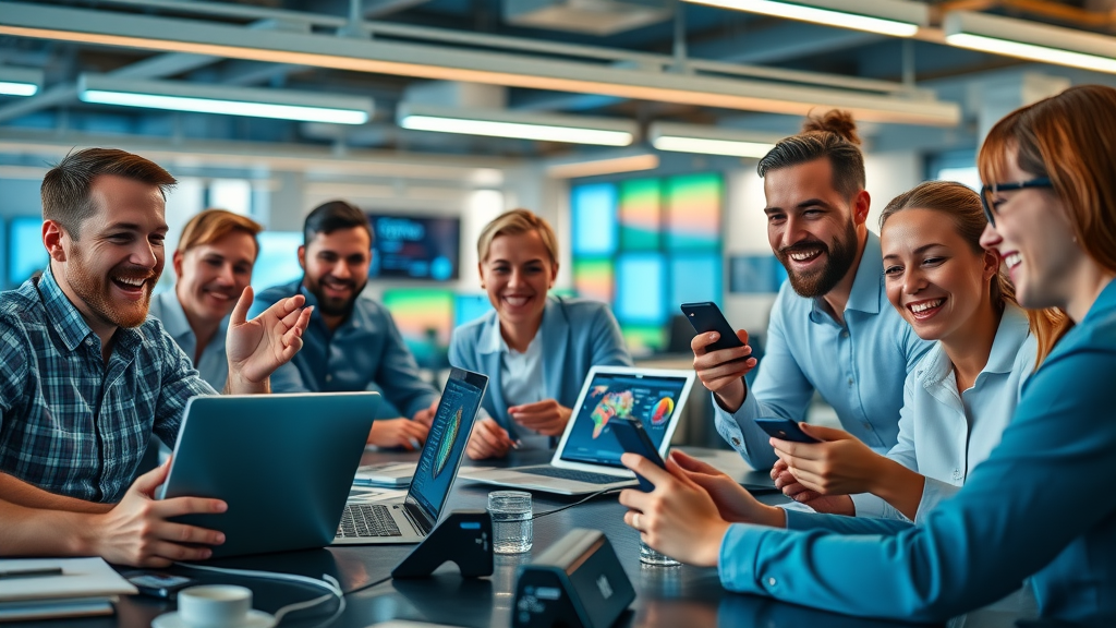 business application use in small business growth - team collaborating on digital tools