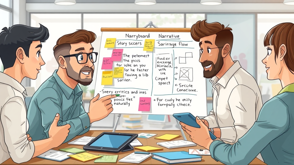 storytelling video creative storyboard with sticky notes, sketches and focused creators, arranging narrative flow, modern workspace, pastel color palette