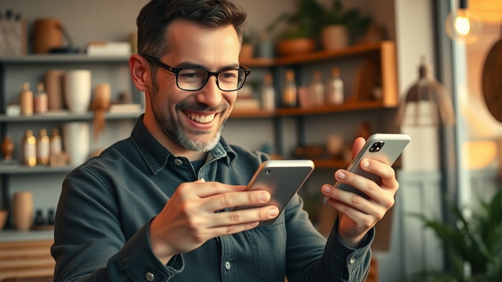 business review response tips small business owner positive review mobile device celebrating success boutique
