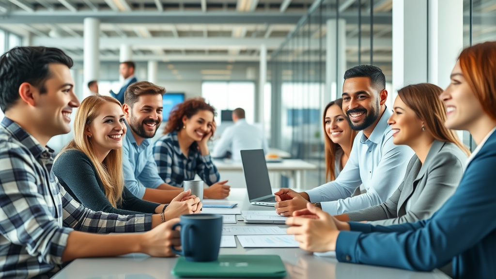 customer experience optimization vibrant corporate team brainstorming in modern office with glass walls and digital screens, natural daylight