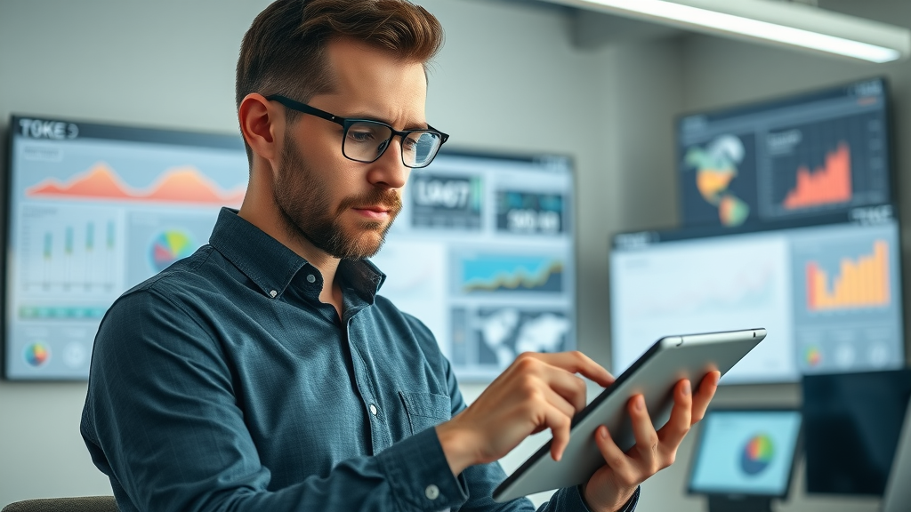 male business owner reviewing analytics and KPIs for small business social media results.