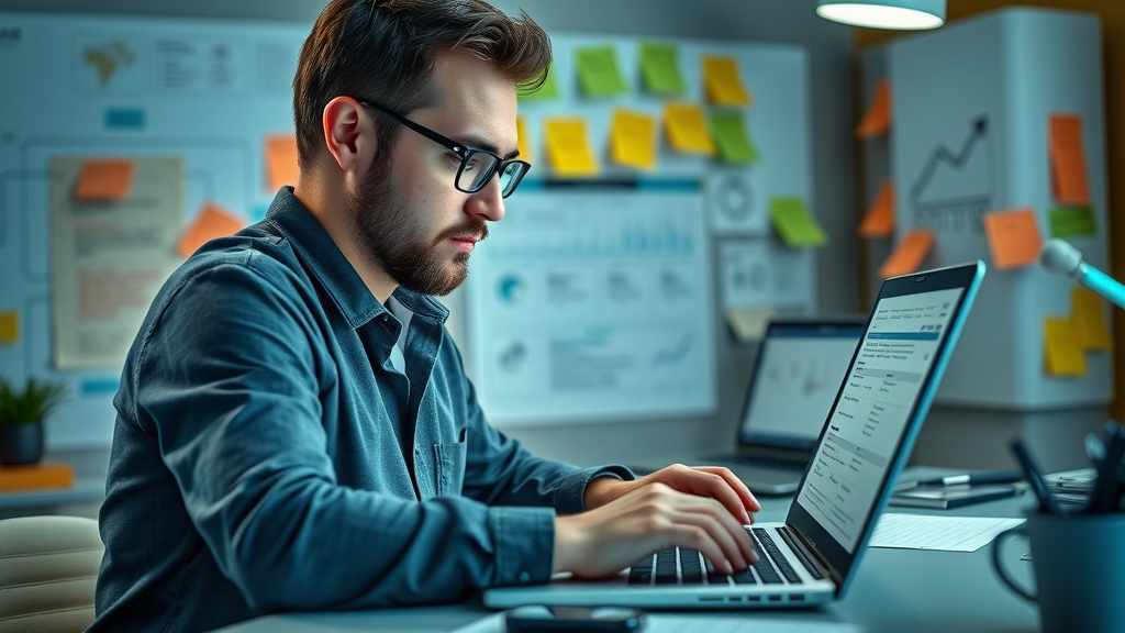 marketing manager creating a customer feedback survey in a creative office with digital charts