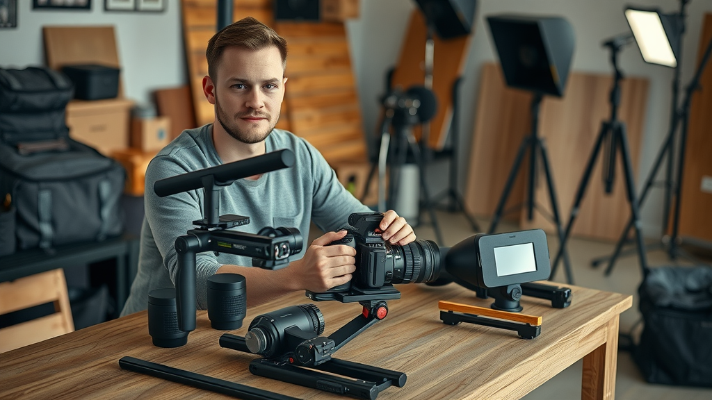 organized filmmaker arranging modern video equipment—camera, gimbal, lights—for promotional video production on a wooden table