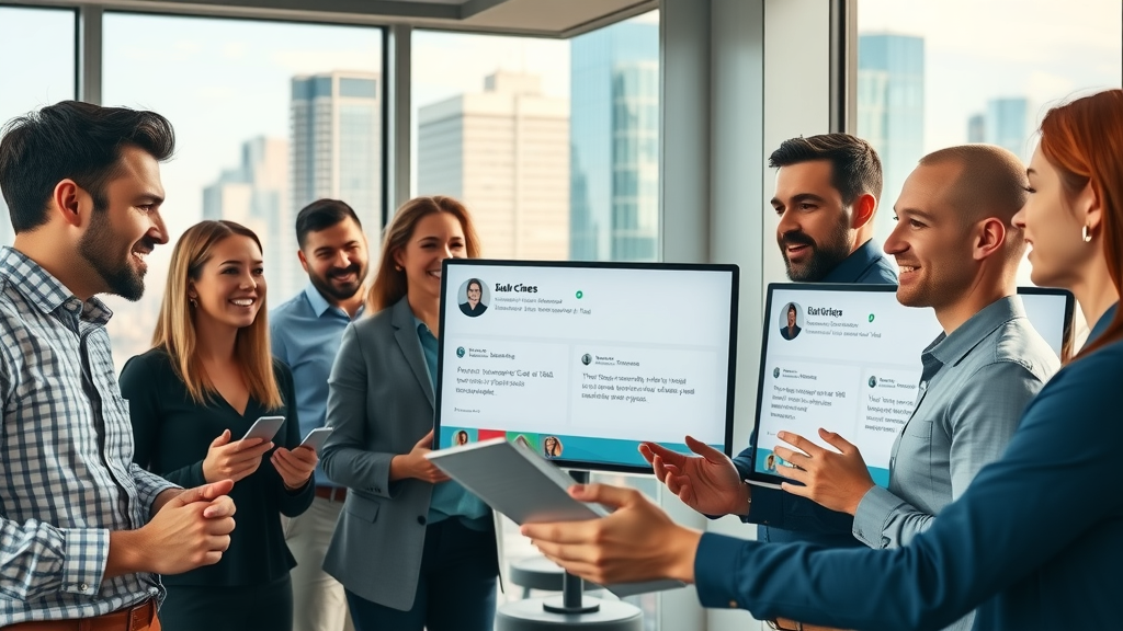 Vibrant team of digital marketing professionals reviewing digital marketing reviews; modern agency discussing client testimonials with cityscape view; confident, lively, collaborative digital marketing team, large screens display
