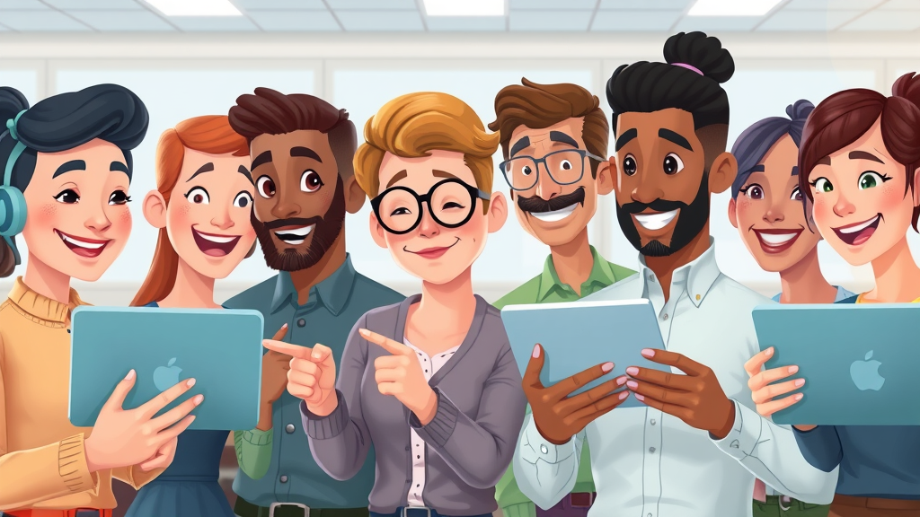 Diverse audience personas engaging with content on multiple devices, symbolizing content marketing for small businesses