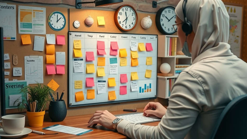 Well-organized digital workstation with a content calendar, planning tools, and charts representing actionable content creation tips.